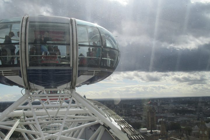 View from the London Eye towards a neighbouring capsule and the Thames